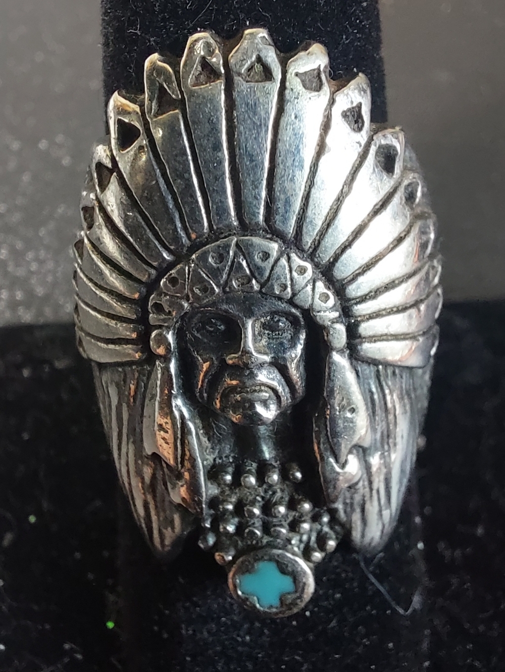 Vintage Native American Chief Head Dress Ring w/turquoise Inlay, Silver/Brass